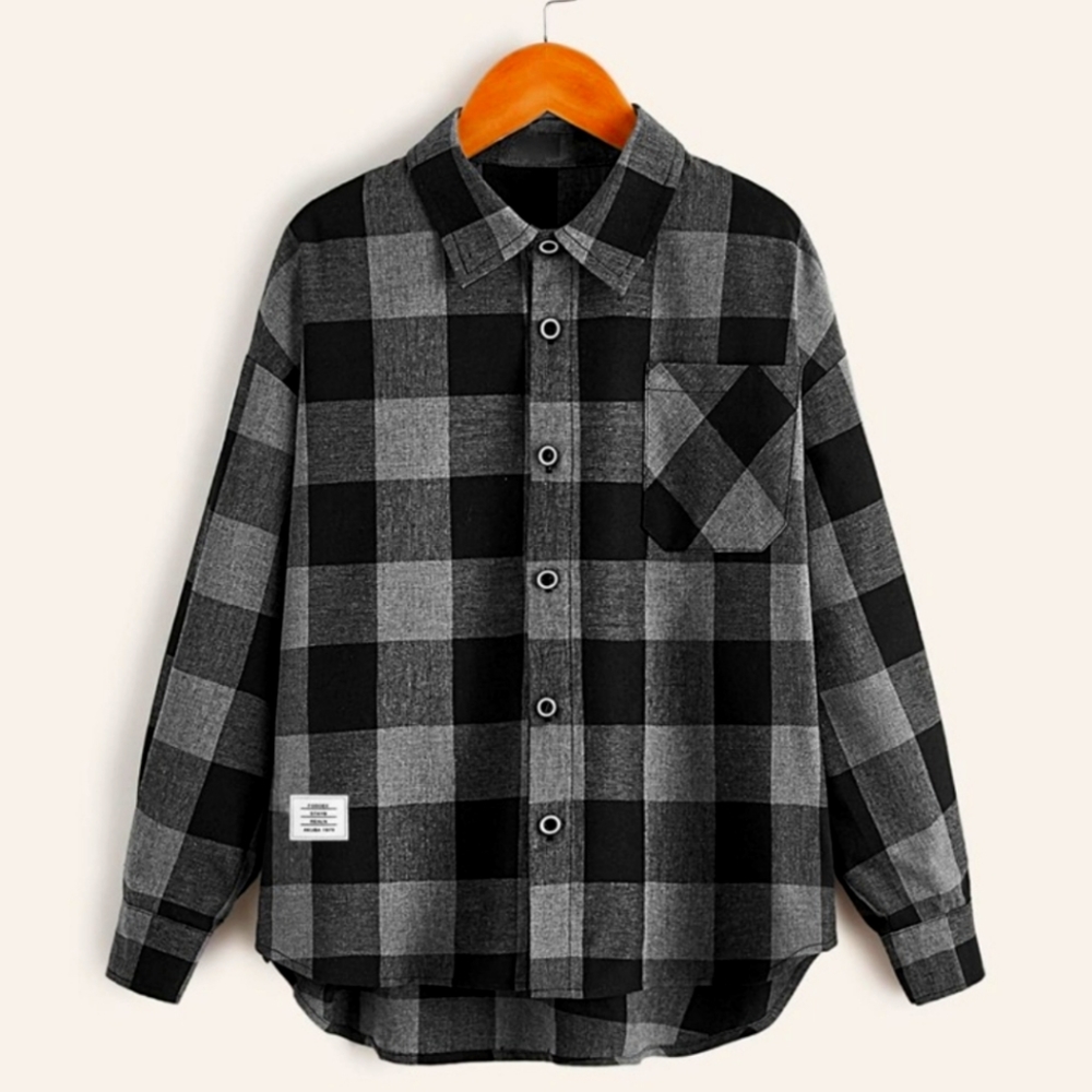 SHEIN Boys Buffalo Plaid Print Patch Detail High Low Hem Shirt